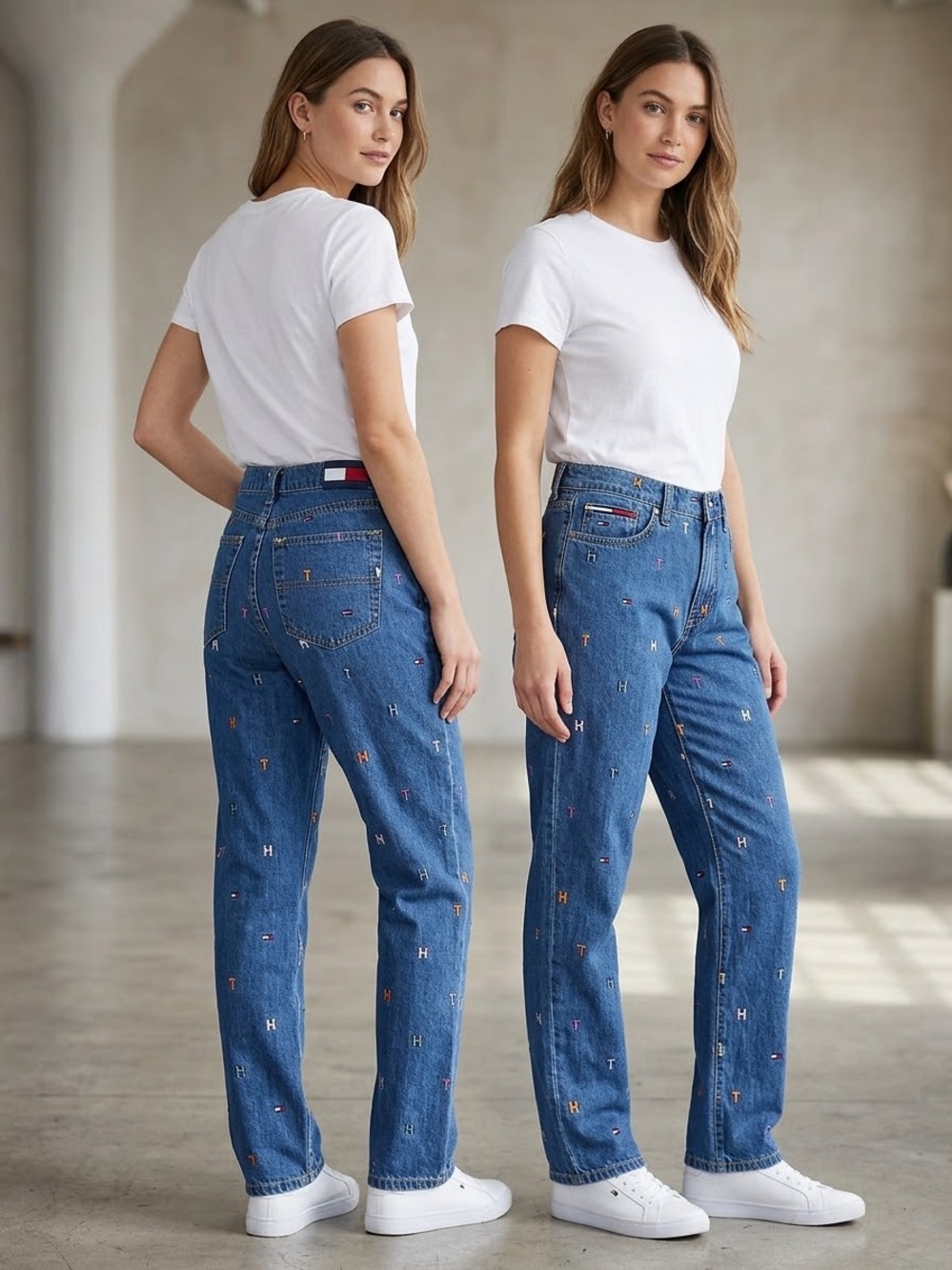 Tommy Hilfiger Blue Embroidered Straight-Leg Jeans with Signature Logo Detail